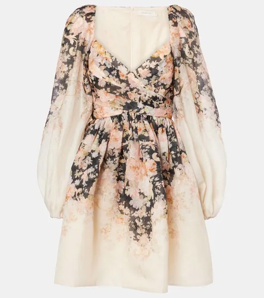 Иллюстрация цветочное мини-платье из льна и шелка Zimmermann, цвет tea rococo floral