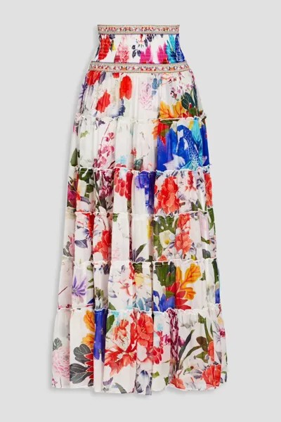 Ярусная юбка макси из шелкового шифона с цветочным принтом Camilla, белый