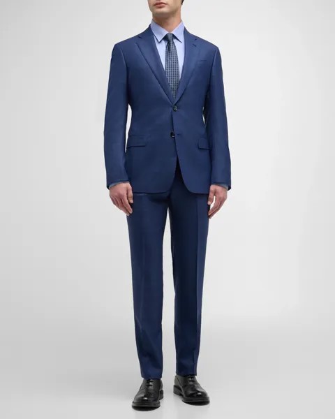 Мужской шерстяно-шелковый костюм с оконным стеклом Giorgio Armani, цвет Dark Blue