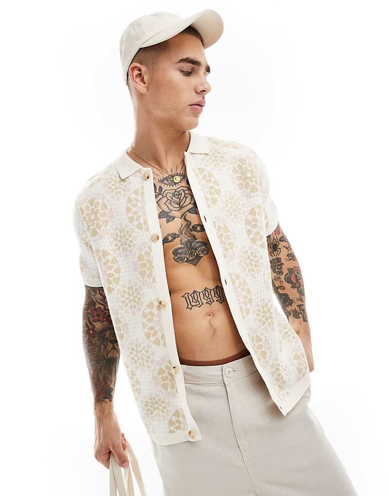 ASOS DESIGN – Рубашка-поло свободного кроя экрю и розового цвета с планкой на пуговицах