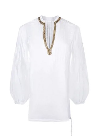 Белая льняная блуза с V-образным вырезом 120% Lino