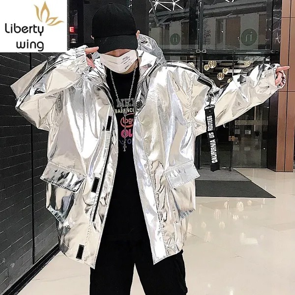 Harajuku мужские Повседневное свободного кроя Толстовка уличная одежда в стиле «хип-хоп», верхняя одежда для детей пальто с человеком шоу на сцене Серебряные; золотые печатных мешковатое пальто