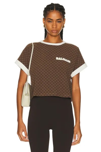 Футболка Balmain Mini Monogram Printed Cropped, цвет Marron Fonce & Creme