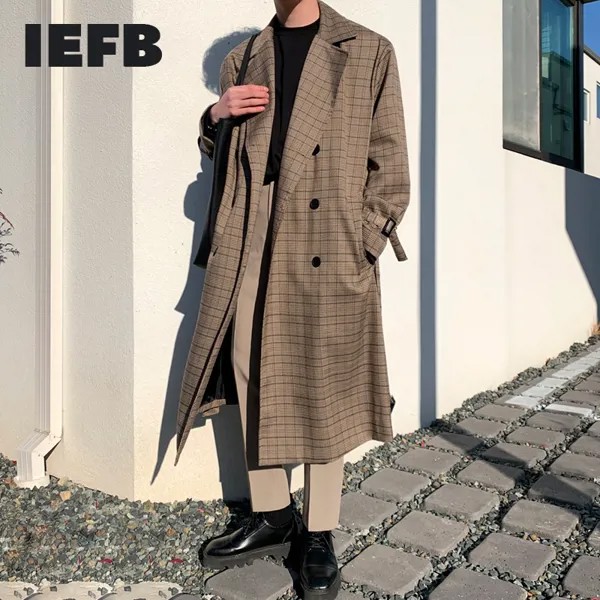 Тренчкот IEFB средней длины для мужчин и женщин, красивая ветровка в клетку, до колена, двубортная, в Корейском стиле, на осень, 9Y3943