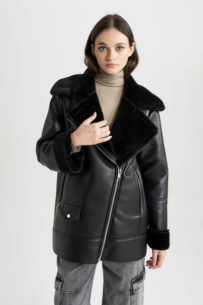 Пальто из экокожи с широкими лацканами Defacto, черный