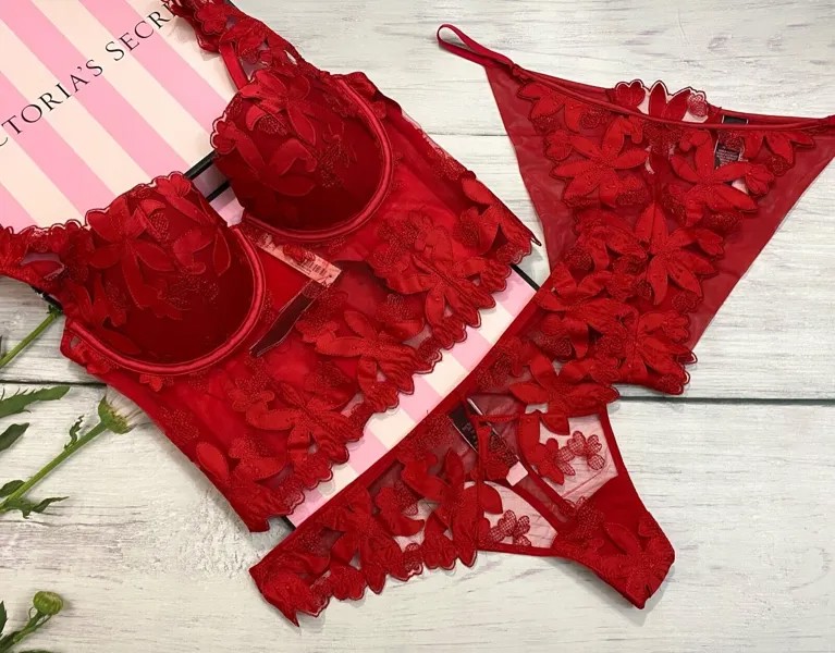 Victorias Secret LUXE Lingerie Цветочный бюстье Длинный бюстгальтер и стринги с красной помадой