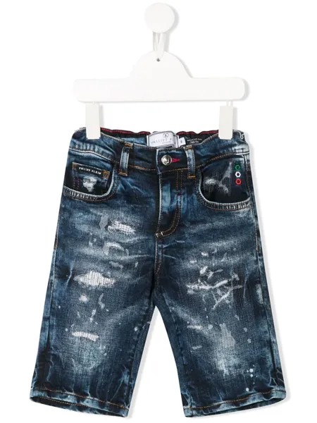 Philipp Plein Junior джинсовые шорты с эффектом потертости