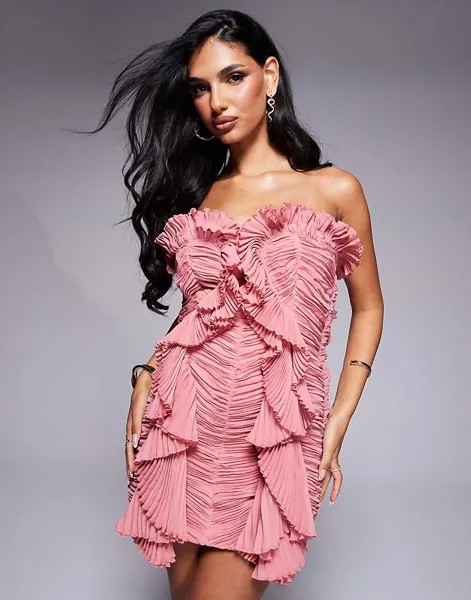 Розовое плиссированное платье мини из органзы без бретелек с оборками ASOS LUXE
