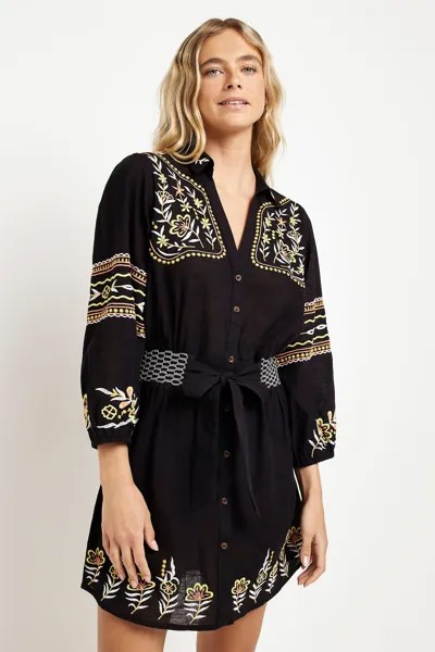 Платье-Рубашка мини с вышивкой River Island, черный
