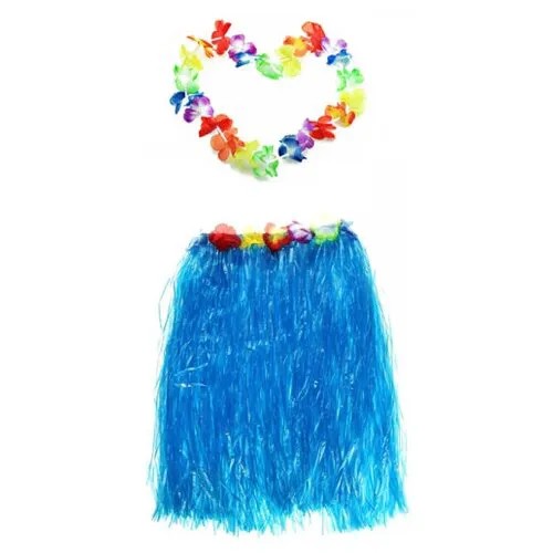Гавайская юбка 60 см, голубая, гавайское ожерелье 96 см
