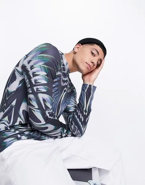 Сетчатый лонгслив со сплошным принтом ASOS DESIGN-Разноцветный
