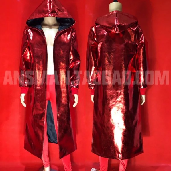 Яркий! Ночной клуб бар мужской певец Новогодняя тема Красный волшебный цвет длинное Свободное пальто сценические костюмы.