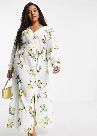 Платье миди с декоративными завязками и летним принтом в виде лимонов In The Style Plus x Stacey Solomon-Multi