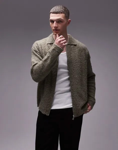 Кардиган Topman Zippered Boucle Knit, хаки