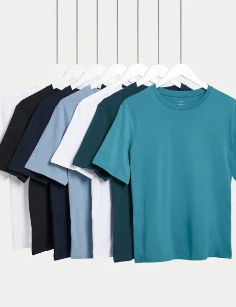 7 пар футболок из чистого хлопка с круглым вырезом Marks & Spencer, бирюзовый микс