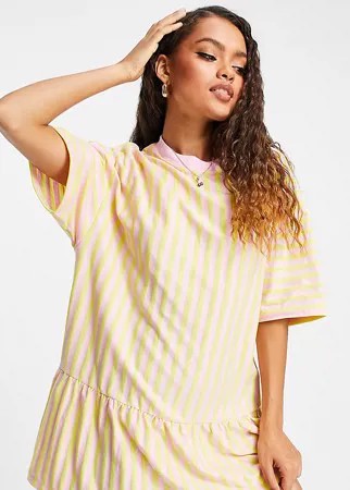 Платье-футболка в стиле oversized в полоску лаймового и розового цвета с оборкой по низу ASOS DESIGN Petite-Зеленый цвет