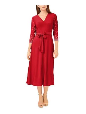 Женское красное коктейльное платье-футляр миди с V-образным вырезом и рукавами 3/4 MSK красного цвета стрейч с бисером M