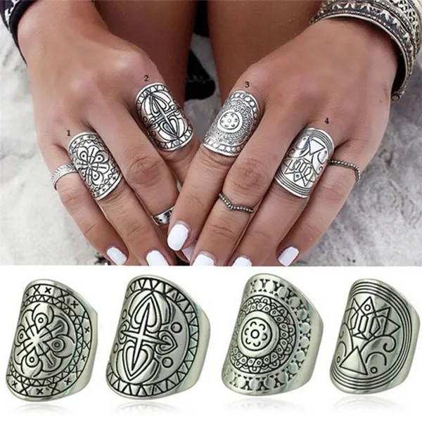 4шт / Setboho Винтажная гравировка Тибетское серебряное кольцо безымянный палец кольцо