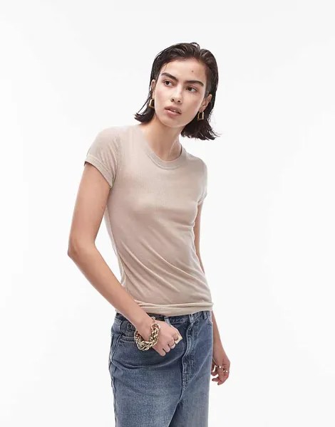 Topshop – Premium – Призрачная, струящаяся, удлиненная футболка натурального цвета