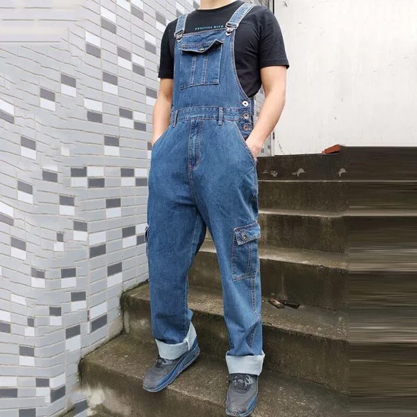 Джинсовый мужской комбинезон, прямые брюки с множеством карманов, на бретелях, синие джинсы, есть большие размеры 30-44 46