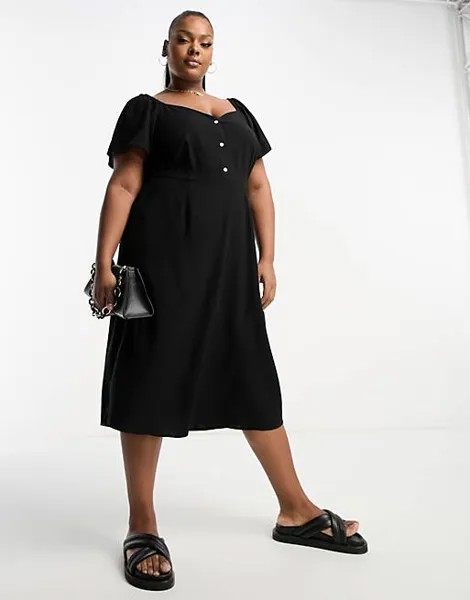 Черное льняное платье миди с развевающимися рукавами Vero Moda Curve