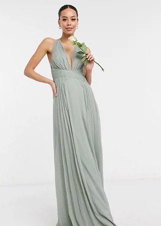 Платье макси оливкового цвета со сборками на лифе, драпировкой и запахом ASOS DESIGN Tall Bridesmaid-Зеленый цвет