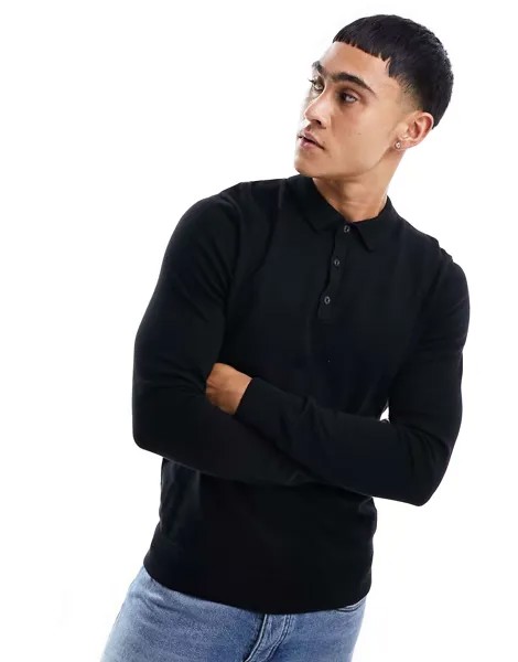Черная трикотажная футболка-поло с длинными рукавами New Look