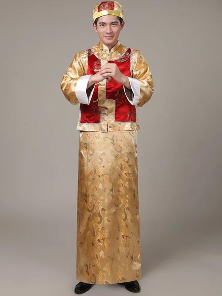 Milanoo Halloween Chinese Costume Red Qing Dynasty Long Gown With Waistcoat And Hat For Men