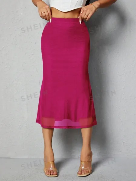 SHEIN PETITE Женская однотонная юбка миди с хвостом русалки, ярко-розовый
