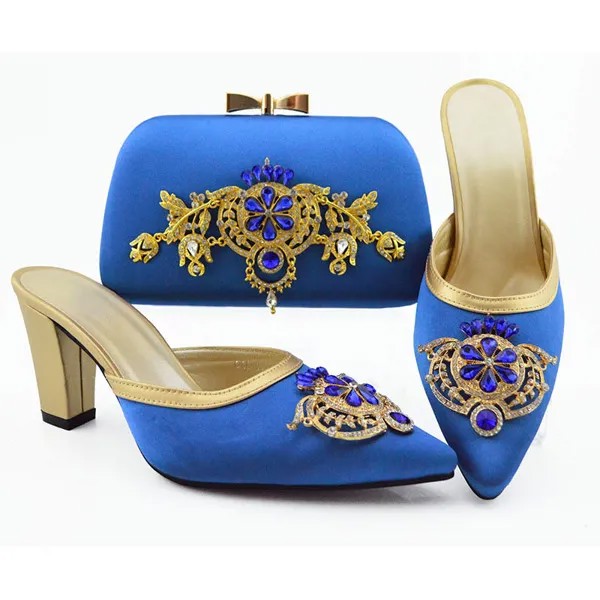 Королевский синий красивый дизайн итальянские тапочки обувь с сумкой новейшие Стразы африканские женские туфли на высоком каблуке и сумки ...