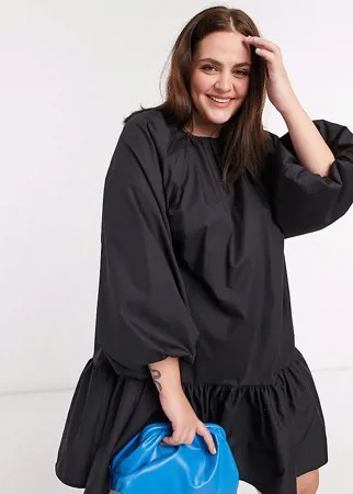 Черное свободное платье мини из хлопкового поплина с оборкой ASOS DESIGN Curve-Черный
