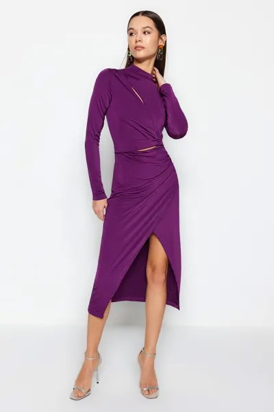 Элегантное вязаное вечернее платье сливового цвета с окном и вырезом Trendyol, фиолетовый