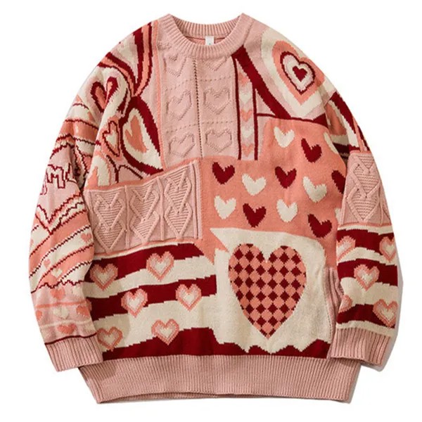 Мужской свитер в стиле Харадзюку, уличная одежда, вязаный пуловер с цветными сердечками, свободный зимний теплый Модный японский джемпер дл...