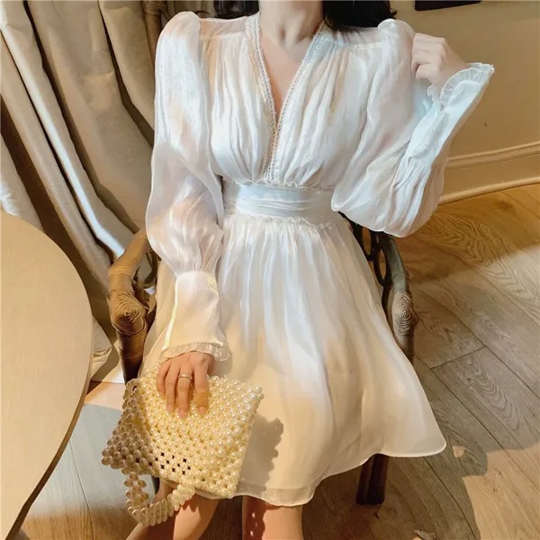 Корейское платье Ulzzang Весна-Осень женское белое французское платье сексуальное прозрачное вечерние нее мини-платье с V-образным вырезом сти...