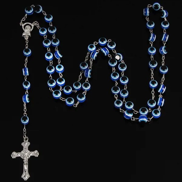 8 мм Турецкие ювелирные изделия Голубой глаз Ожерелья для мужчин / женщин Модная нержавеющая сталь Святой Бенедикт Розарий Крест Длинное ожерелье