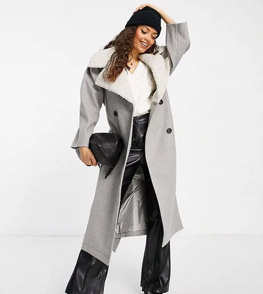 Серое пальто с поясом и воротником «борг» ASOS DESIGN Petite-Серый
