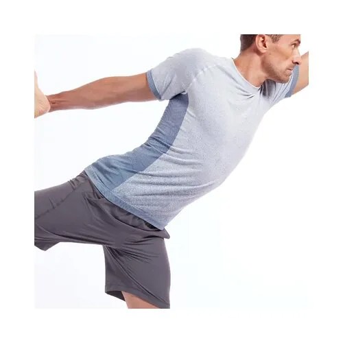 Футболка для динамической йоги бесшовная мужская серая KIMJALY Х Decathlon Туманный Серый/Насыщенный Тёмно-Бирюзовый S