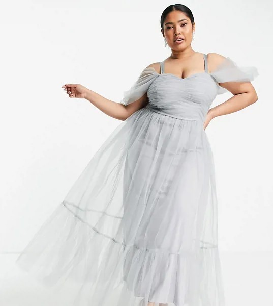 Голубое платье из тюля с перекрестным дизайном на спине Lace & Beads Plus Bridesmaid Alicia-Голубой