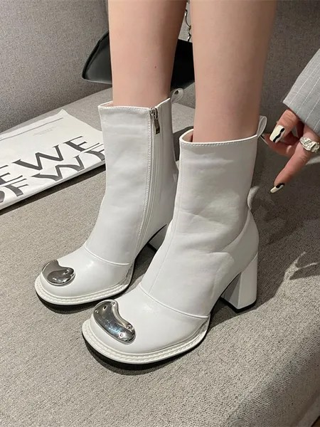 Milanoo Women Booties Round Toe Chunky Heel PU Leather White Ankle Boots