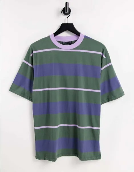 Выбеленная зеленая oversized-футболка в полоску разной ширины ASOS DESIGN-Зеленый цвет