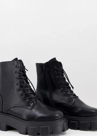 Черные ботинки из искусственной кожи со шнуровкой и очень толстой подошвой для широкой стопы Truffle Collection-Черный цвет