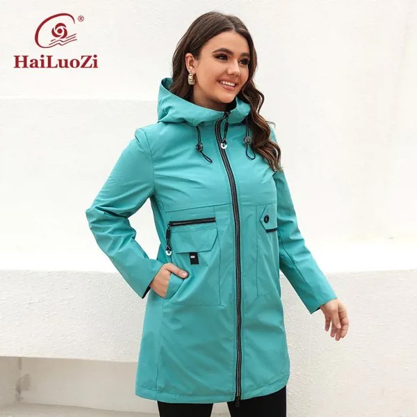 HaiLuoZi 2022 Женский тренч Ветрозащитная куртка для женщин Весенняя короткая Parka с капюшоном Повседневная ветровка Карманы Outwear 2202