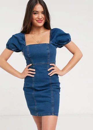 Синее джинсовое платье мини с объемными рукавами New Look-Синий