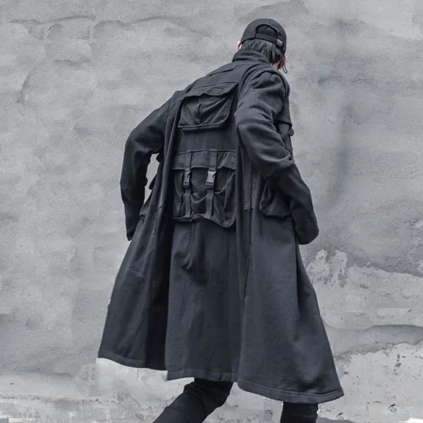 Куртка HOUZHOU Techwear, длинное пальто, кардиган, Мужская Весенняя ветровка, плащ, Черная мужская одежда, уличная одежда в стиле хип-хоп, панк, рейва
