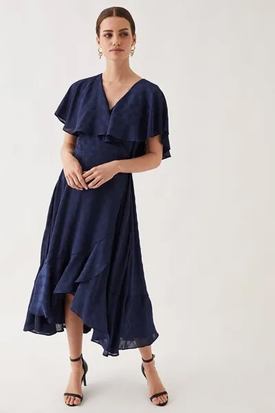Миниатюрное жаккардовое платье мидакси с оборками и запахом Wallis, темно-синий