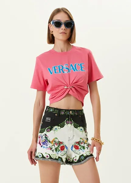 Розовая укороченная футболка с логотипом и круглым вырезом Versace