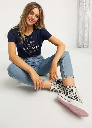 Темно-синяя футболка с логотипом Hollister спереди-Синий
