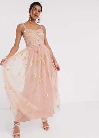 Розовое платье макси из тюля с пайетками Frock & Frill-Розовый
