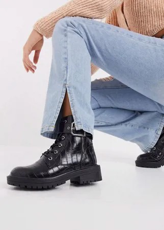 Черные ботинки на массивной подошве с пряжкой и крокодиловым принтом New Look-Черный