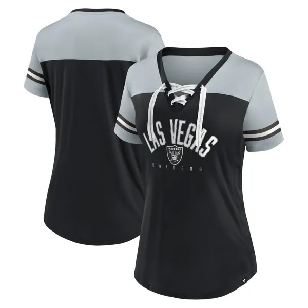Женская футболка из джерси с v-образным вырезом и шнуровкой Fanatics черного/серебристого цвета Las Vegas Raiders Blitz & Glam Fanatics